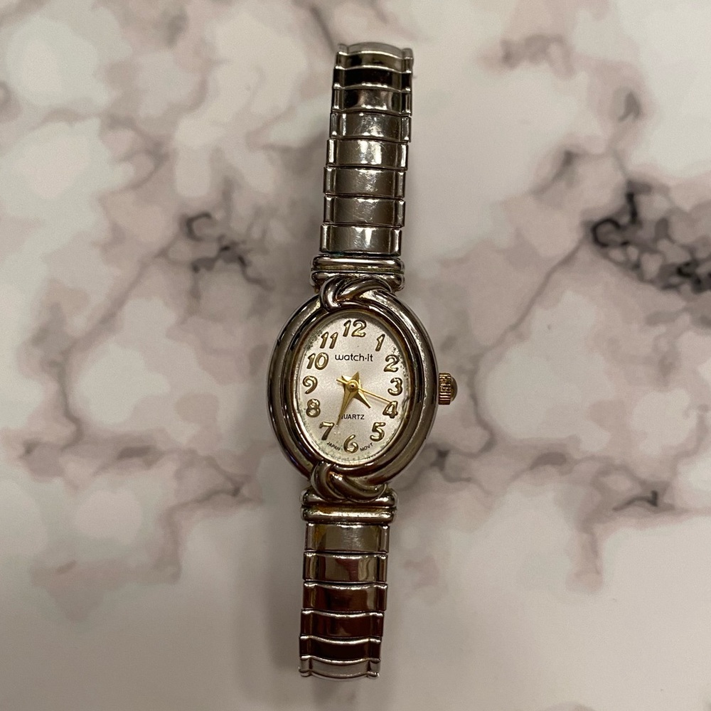 Vintage Watch It Two Tone Silver Skinny Stretch Link Band Gold Accent Watch